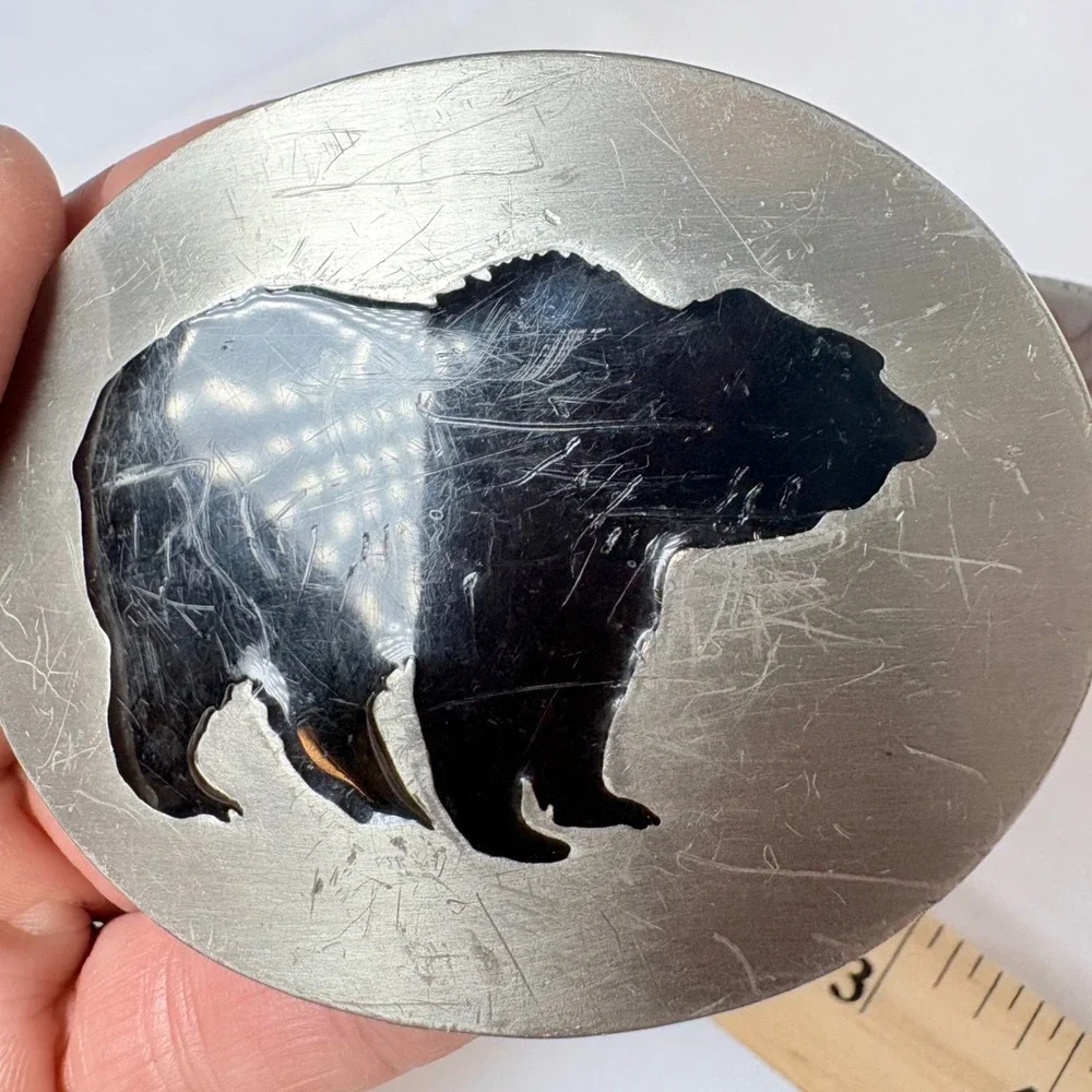Vtg 1993 Siskiyou Pewter Black Bear Buckle Basketweave Brown Leather Belt 38